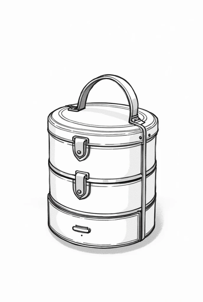 A round makeup kit with 3 compartment stacked on top each other, makeup brush holder attached to one of the compartment, button to hold the compartment in place, and a drawer on the last bottom story with a handle attached to the makeup kit to carry it in black and white sketch art.