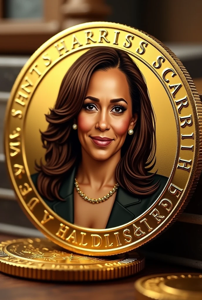 Create a crypto coin, auf dem coin ist Kamala Harris, the coin is called kamalaharriscarries, it is minted on a coin the coin is supposed to be gold, in the edge of the coin is written harriscarries