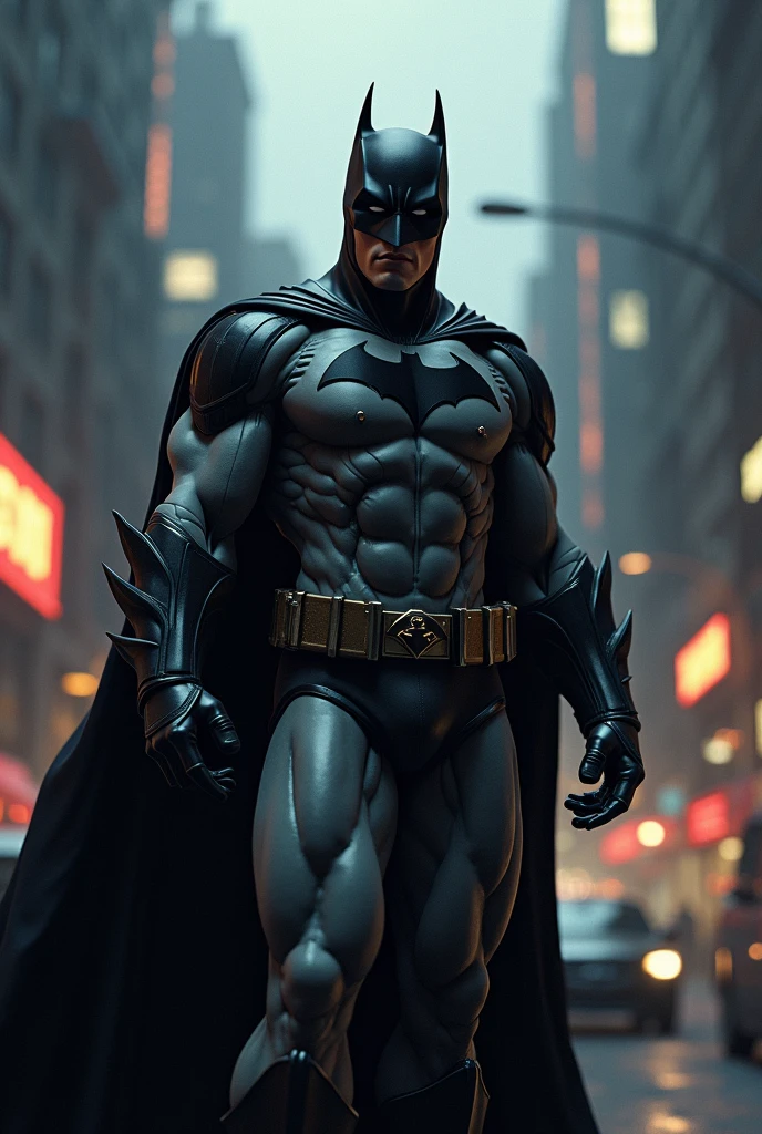 Batman in the city look at me and body visible