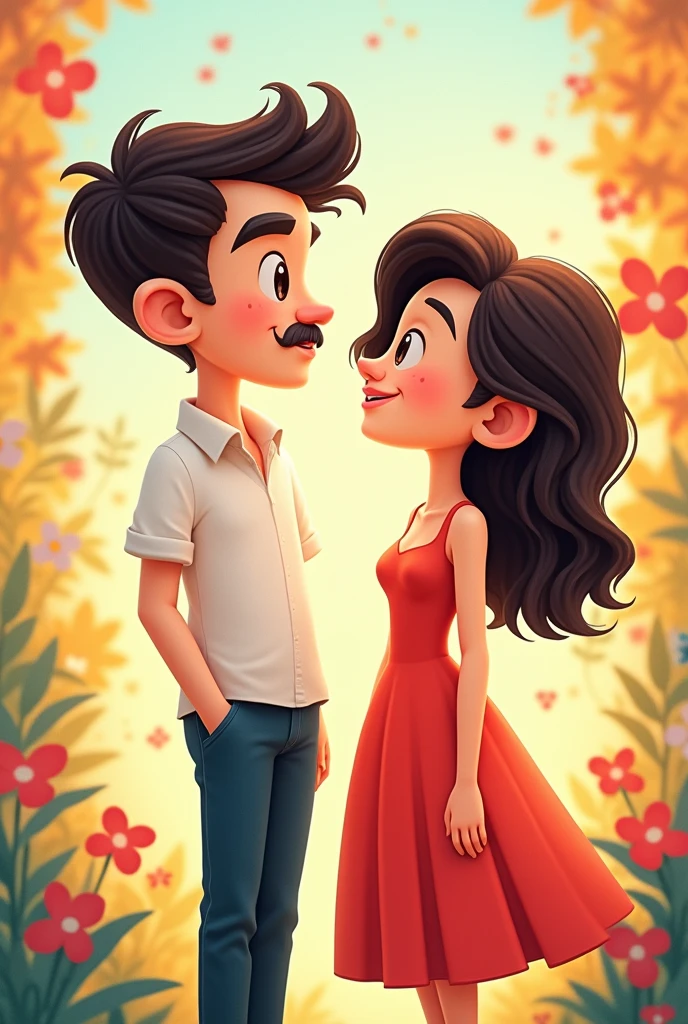 give me a cartoon photo of a couple, the man is 175 cm tall, has a thin moustache and a thin face, the woman is 150 cm tall and has incomparable beauty. 