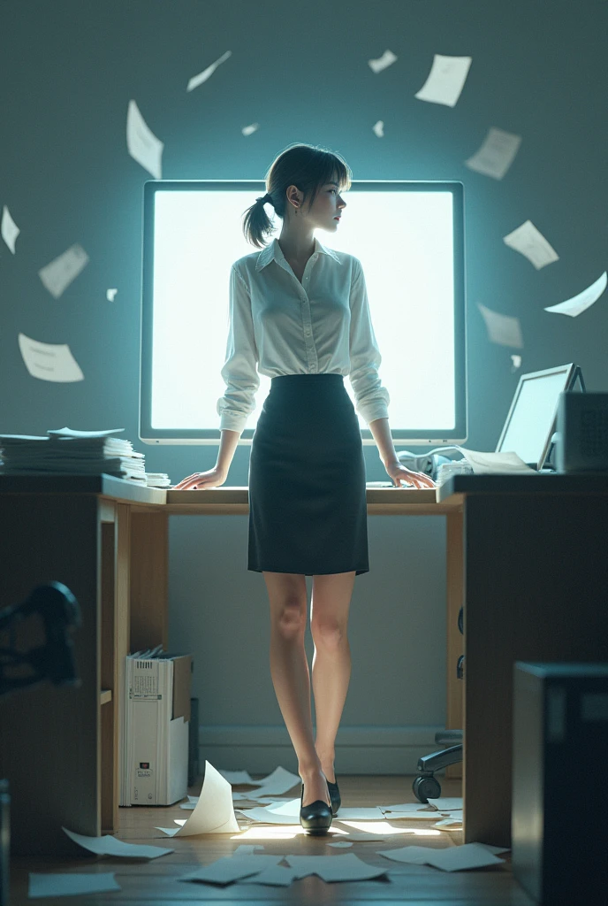 Office girl with documents is crawling into the computer screen
