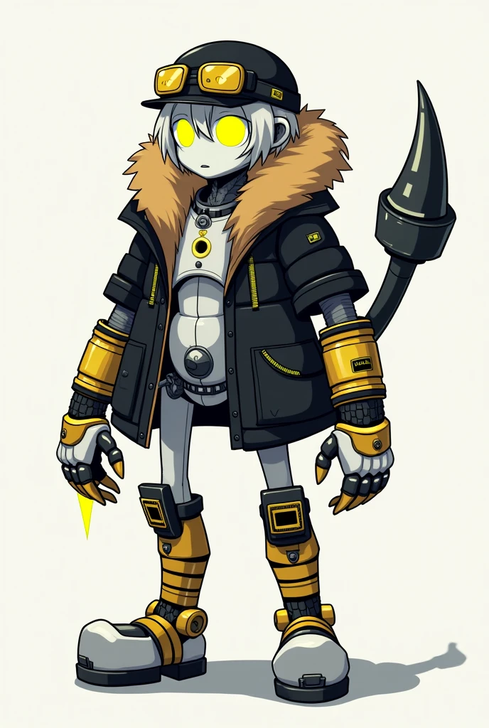 N has features of a typical male Disassembly Drone, with neon yellow eyes and short silver hair parted to the left. Like other Disassembly Drones, he has four-fingered hands, a black headband with five sections of lights on it, and a long black tail ending in a large syringe with neon yellow nanite acid, the headband and syringe both containing neon yellow nanite acid. He wears a black winter coat with a long tan fur collar and a black pilot hat. Drones have white metal, a visor half of their face which is black and showcases neon yellow oval shaped optics, and a bit of a cartoony look to them. N's wrists are cone shaped with caution tape around the rim, ending in four fingered hands. N's feet look like white boots with caution tape around the bottoms of them. N is very wholesome and upbeat as well. His body is encased in completely white metal, wearing nothing under his coat. N has to eat oil to survive as he is a Disassembly Drone.