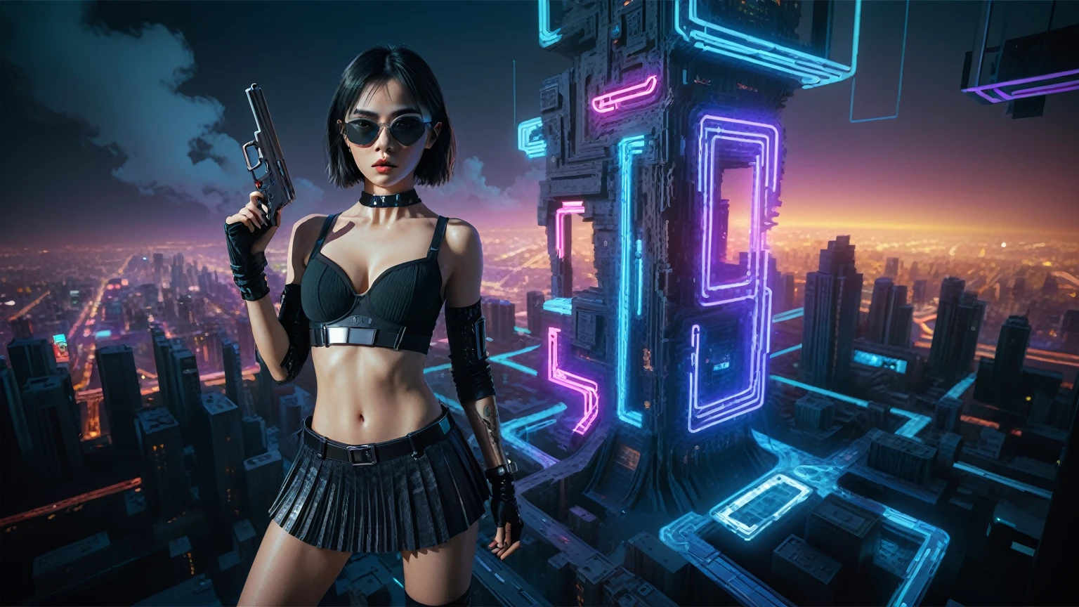 Cyberpunk female plagiarist immersed in digital theft, neon-lit alias within a vast online labyrinth, grotesque grunge brushing into surrealism, illuminated by kaleidoscopic volumetric light, a detailed masterpiece reminiscent of Moebius' distinctive style, deep focus, heightened depth field, psychedelic undertones amplified in a cinematic shot, aerial view of cyberpunk city at night, (1girl, solo), photo realistic, large-breast:1.4 D-cup slim body, cleavage:1.4, slim face, off broken mini sling-shirt and black sling bra, extremely short white pleated miniskirt, micro panty, (matrix style black micro sunglasses), (holding a short gun), half-body thigh level medium shot, cinematic lighting, ray tracing.
