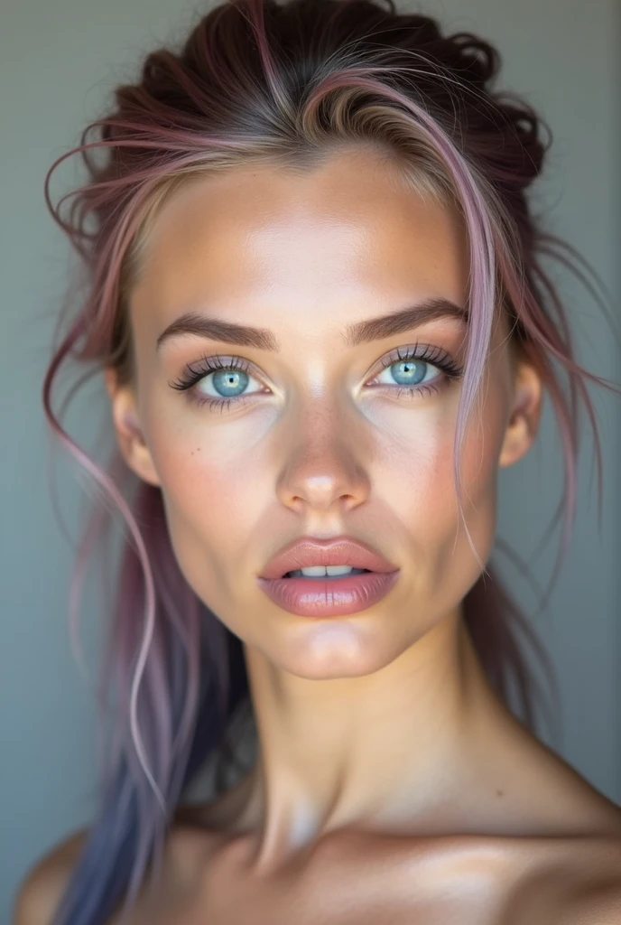 Create a close-up portrait of a stunningly beautiful Scandinavian woman with fair, flawless skin, and deep blue eyes. She mid length, flowing pink and blue gradient hair in ponytail. Her facial features are delicate and symmetrical, with high cheekbones, a well-defined jawline, and full lips with a natural pink hue. The lighting should be soft and flattering, enhancing her natural beauty, and the background should be neutral to keep the focus on her face. She should have a seductive sexy expression.