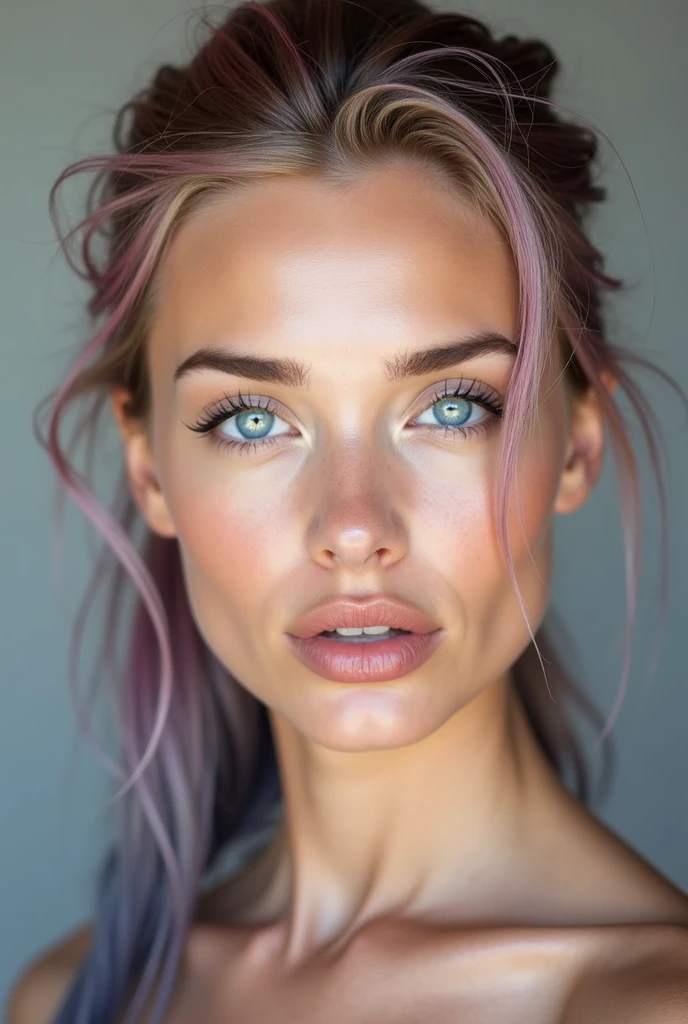 Create a close-up portrait of a stunningly beautiful Scandinavian woman with fair, flawless skin, and deep blue eyes. She mid length, flowing pink and blue gradient hair in ponytail. Her facial features are delicate and symmetrical, with high cheekbones, a well-defined jawline, and full lips with a natural pink hue. The lighting should be soft and flattering, enhancing her natural beauty, and the background should be neutral to keep the focus on her face. She should have a seductive sexy expression. 