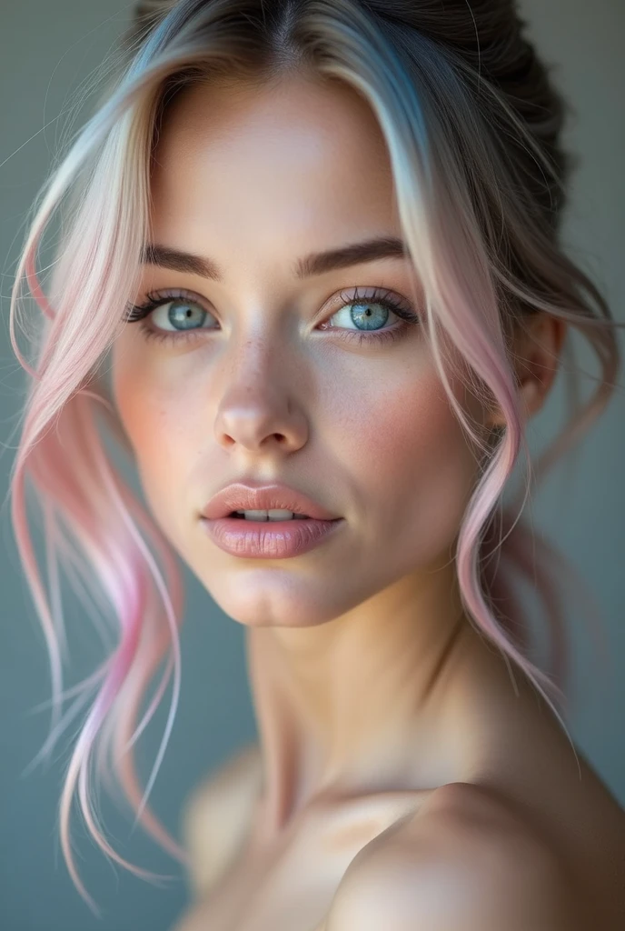 Create a close-up portrait of a stunningly beautiful Scandinavian woman with fair, flawless skin, and deep blue eyes. She mid length, flowing pink and blue gradient hair in ponytail. Her facial features are delicate and symmetrical, with high cheekbones, a well-defined jawline, and full lips with a natural pink hue. The lighting should be soft and flattering, enhancing her natural beauty, and the background should be neutral to keep the focus on her face. She should have a seductive sexy expression.