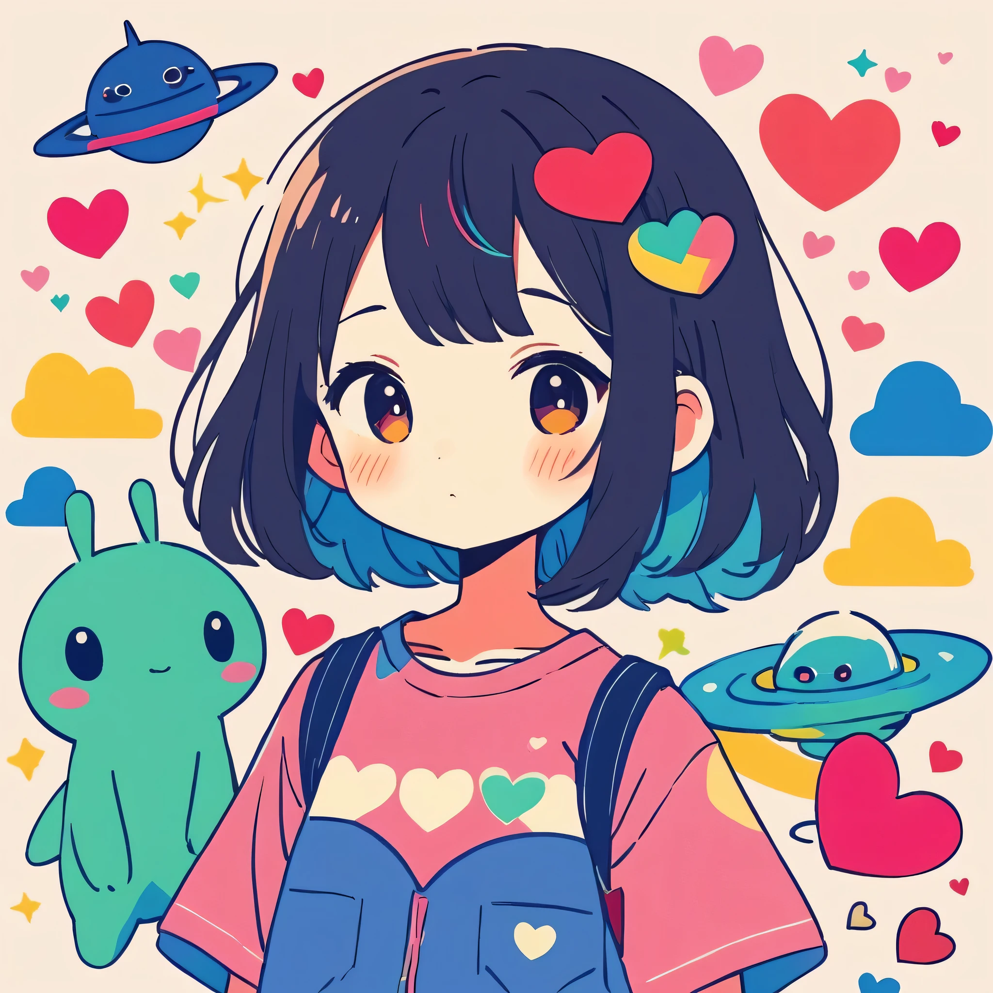 Makoto Shinkai colorful style, Simple Line Initialism，Abstract art，Kawaii Design, The most beautiful girl of all time、chibi, (((Cute aliens))), colorful hearts, summer version
