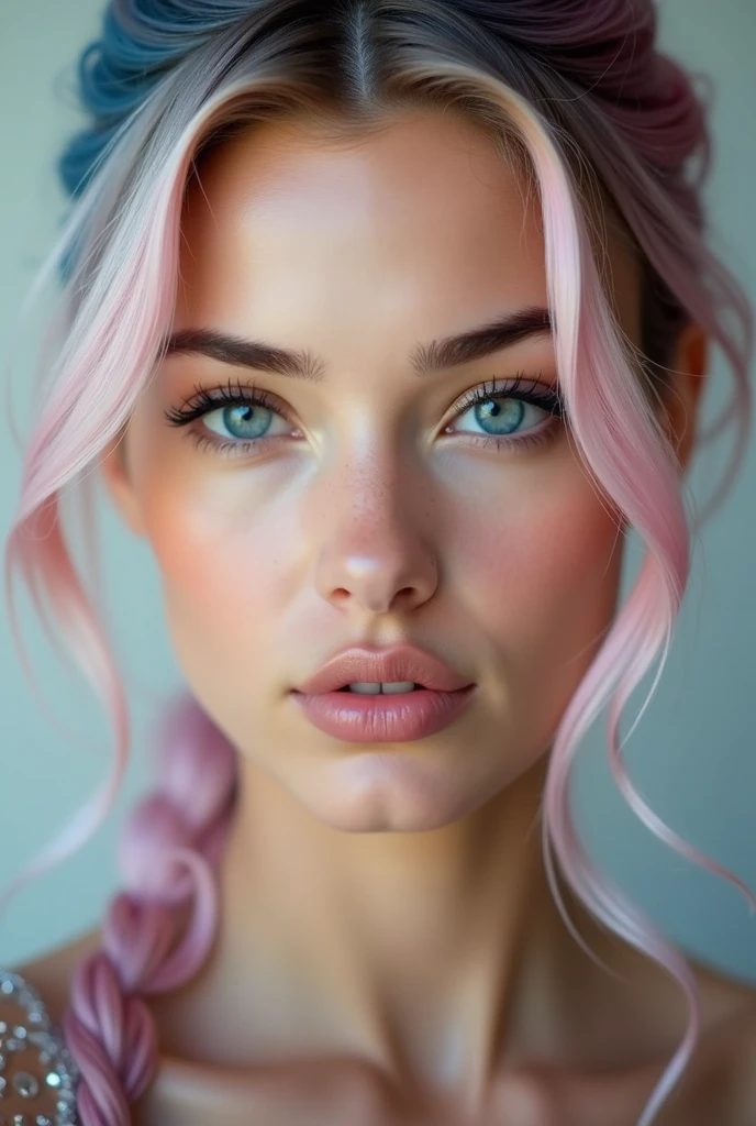 Create a close-up portrait of a stunningly beautiful Scandinavian woman with fair, flawless skin, and deep blue eyes. She mid length, flowing pink and blue gradient hair in ponytail. Her facial features are delicate and symmetrical, with high cheekbones, a well-defined jawline, and full lips with a natural pink hue. The lighting should be soft and flattering, enhancing her natural beauty, and the background should be neutral to keep the focus on her face. She should have a seductive sexy expression. 