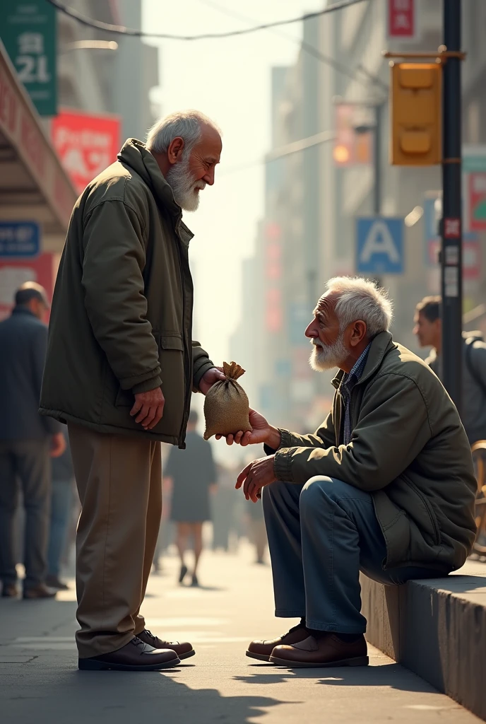 He walked up to the poor man and said: "Oto worek złota. Use it, to change your life – buy a house, nowe ubrania, whatever you want." it happens in the present day of 2 elderly men, one a little younger and the other a little older