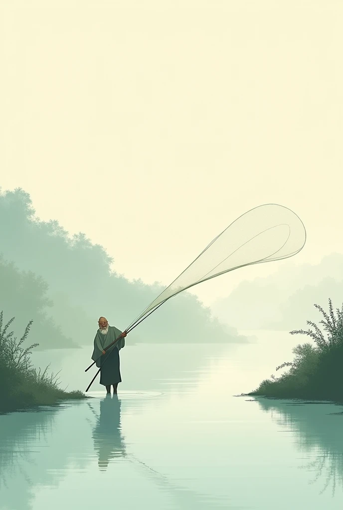 "Japanese Minimalism: River Net Fishing": A traditional Japanese fisherman casts his net into a calm river, Captured in a minimalist style with clean lines and soft colors. Inspired by the images of Katsushika Hokusai, The simple and elegant composition highlights the natural beauty and serenity of the act of fishing..