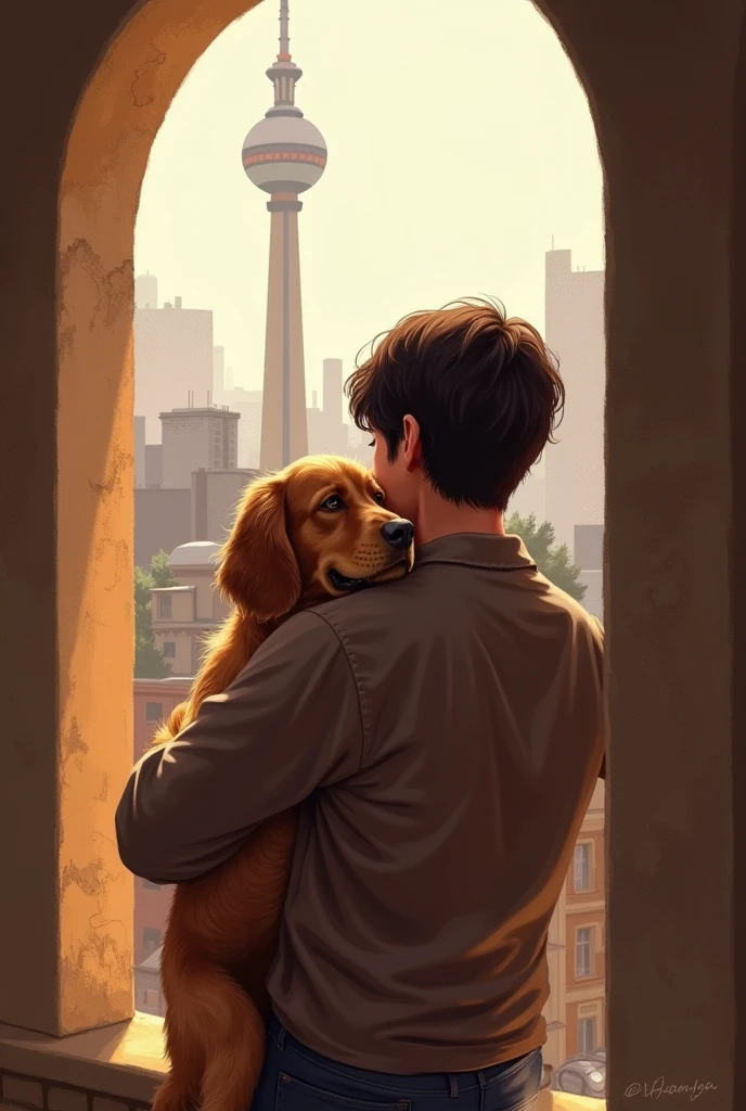 A person holding a dog with walls in the background and the TV tower