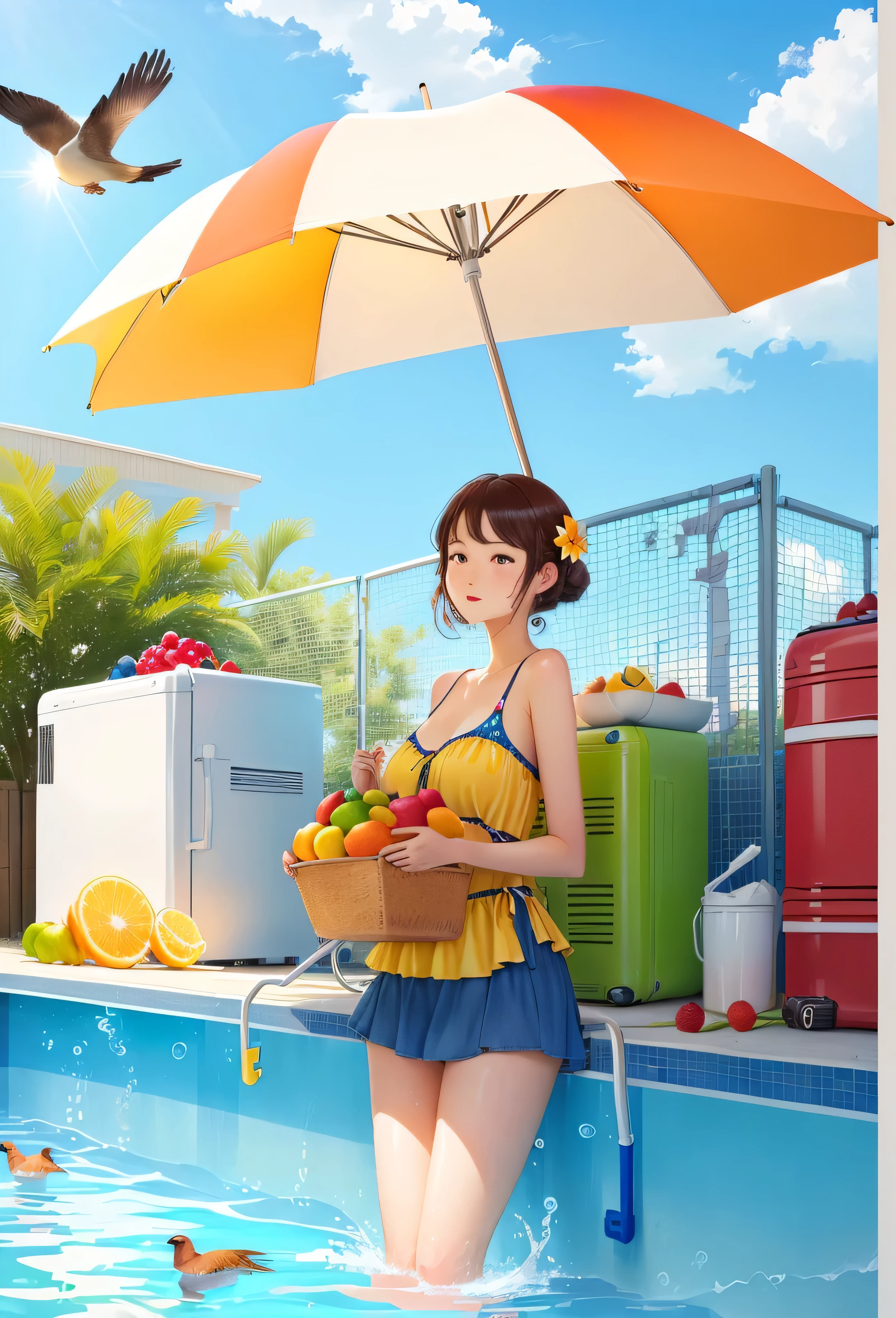 summer,Cool,poster,fruit,swimming pool,Cool,refrigerator,Old wives' summer,Swimming ring,Sun umbrella,Bird's-eye view,Pleasantly surprised,Sunny Beach,No characters。Illustration style,