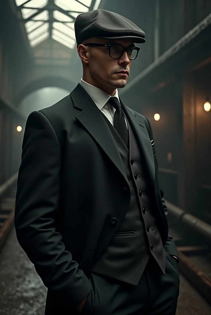 Create an AI-generated image of Thomas Shelby from "Peaky Blinders." He should be portrayed with his signature look wearing black specs: a tailored dark woolen three-piece suit, a flat cap tilted to one side, and a serious, intense expression. His hair should be neatly styled in a slick undercut, and he should be standing against a moody, industrial backdrop reminiscent of 1920s Birmingham.