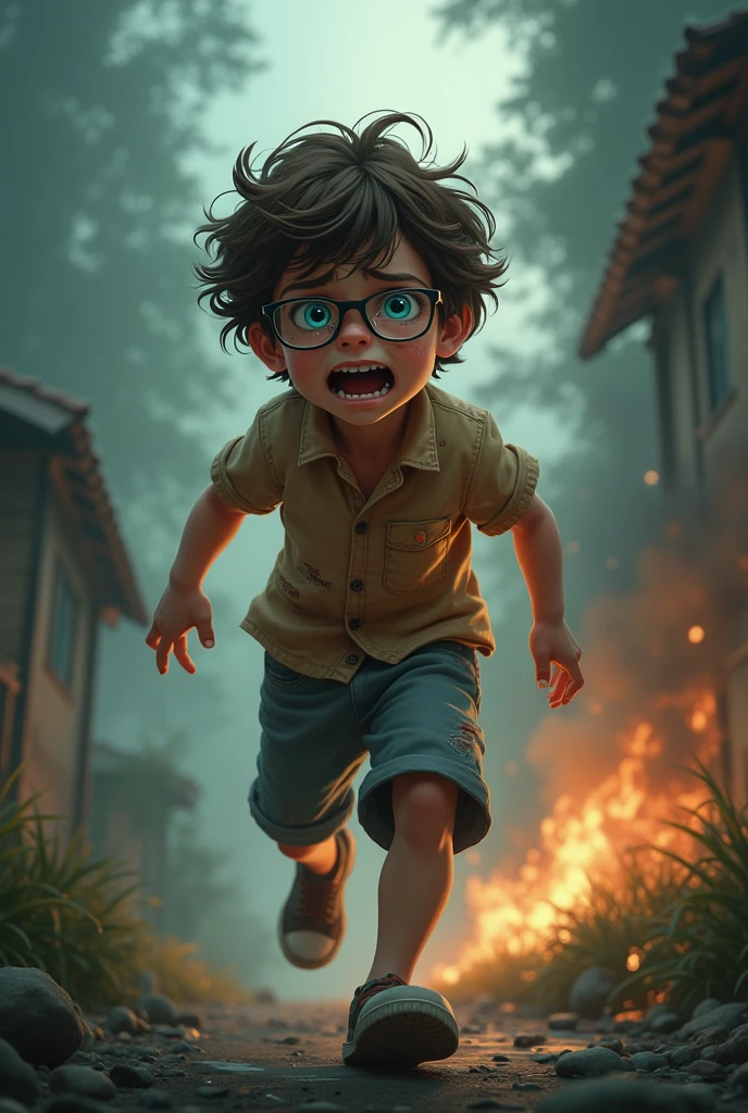****Description:** The world around becomes a blur of indistinct shapes and colors. The burning house, the trees, and the nearly dark sky blend into shadows and fading light. Through this visual haze, the only clear image is Ángel, running desperately. His face is twisted with fear and anguish, tears streaming down his cheeks as he cries out, "Cielo!" with all his might. His voice echoes through the fading world, the last sound before everything goes dark.
Ángel: A 9-year-old boy with brown, slightly wavy, and messy hair. He wears glasses that frame his bright blue eyes. He is dressed in casual clothes with scratches and bruises on his arms and legs, showing his adventurous nature.
