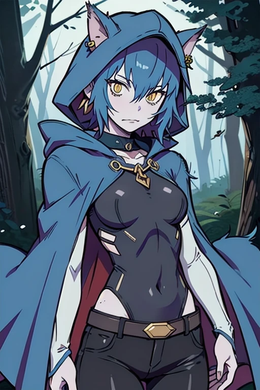 Wolfie, hells, 1girl, leather pants, leather bodysuit, earring, blue hair, furry character, yellow eyes, Masterpiece, Best Quality, forest, cape, cloak, hood up, hooded cloak