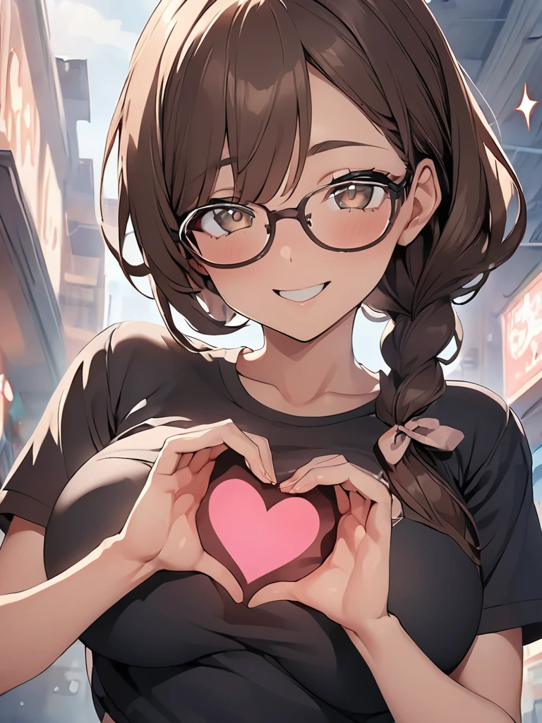 (anime screencap:1.2), masterpiece, best quality, ultra detailed 8k, (cute girl with one braid:1.2), (dark brown hair, (low ponytail, one braid), braid with ribbon), , light brown eyes, droopy eyes, glasses, smile, large breasts, heart hands, (spoken heart:1.1), (sparkle:1.4), (many hearts, giving hearts at viewer),
BREAK
simple black t-shirt, upper body, from front, dynamic angle, simple background