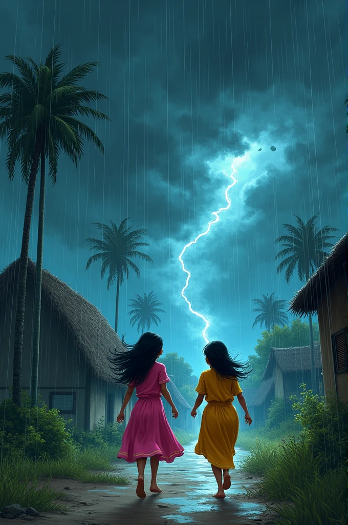 Illustrate a dramatic storm hitting the village. Show dark clouds, strong winds bending trees, and heavy rain falling. Include Ritu with pink clothes and Riya with yellow clothes running towards their homes, looking worried.