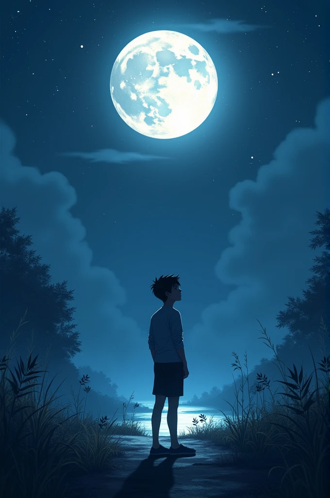 A 20 year old boy is looking at the moon alone on a moonlit night 