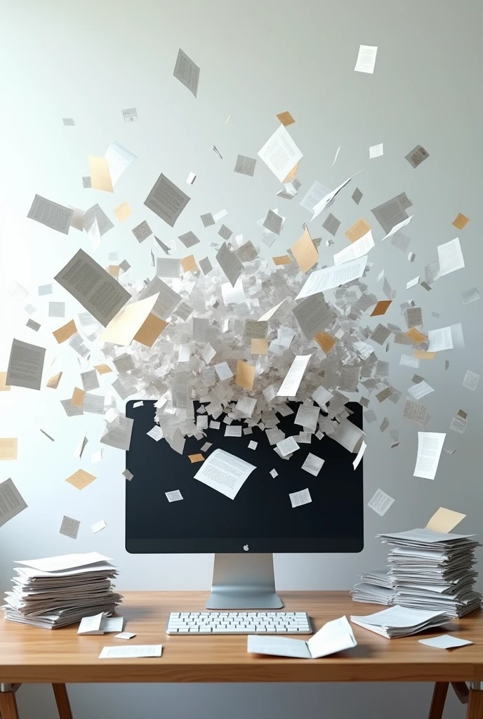 piles of papers are flying onto the computer screen