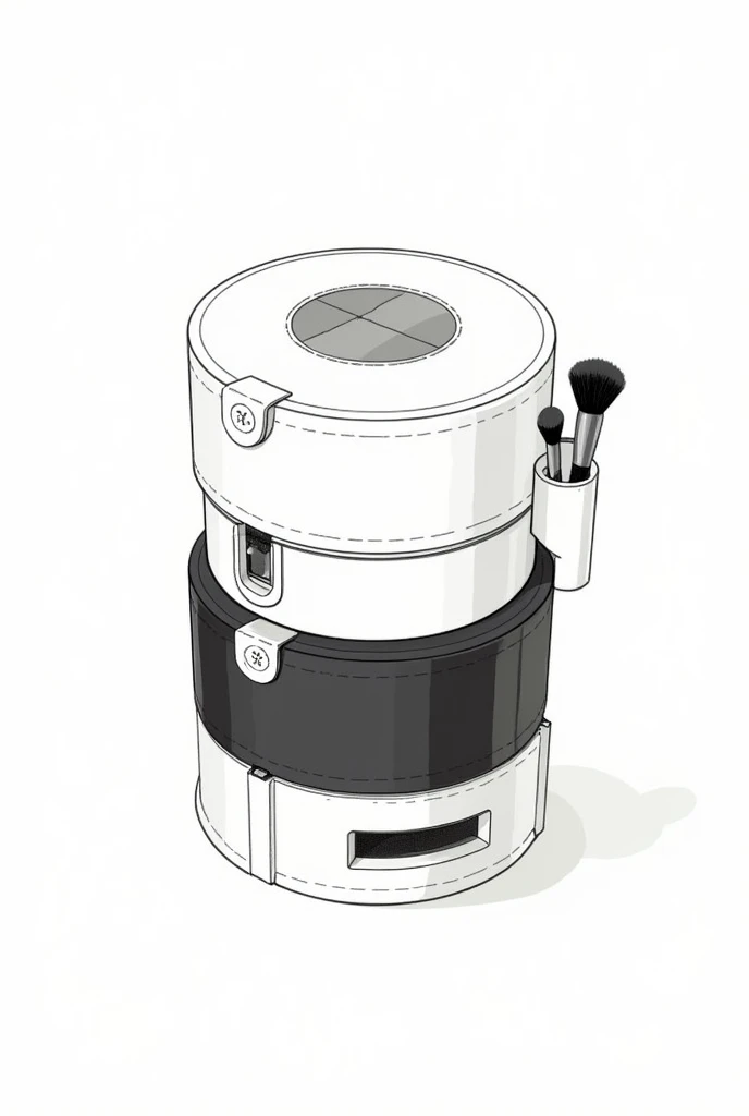 A round makeup kit with 3 compartment stacked on top each other, makeup brush holder attached to one of the compartment, button to hold the compartment in place, and a drawer on the last bottom story with a handle attached to the makeup kit to carry it in black and white sketch art.