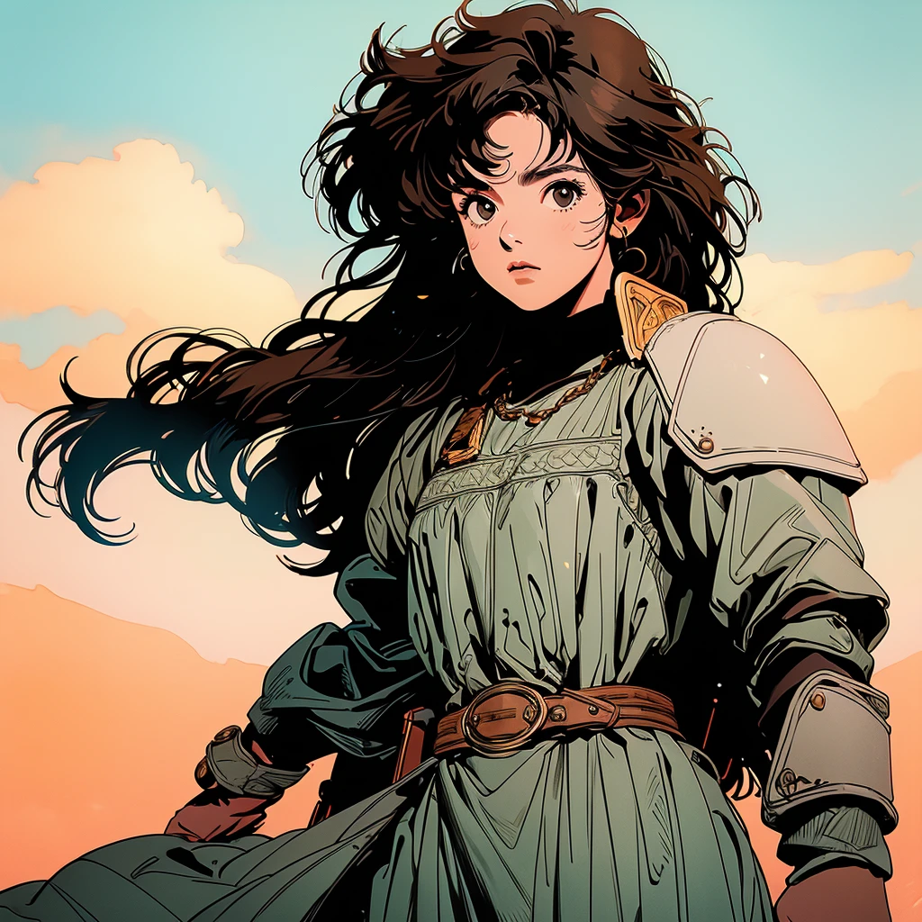 1 girl, solo, short curly brown hair, wearing armor and wielding a sword