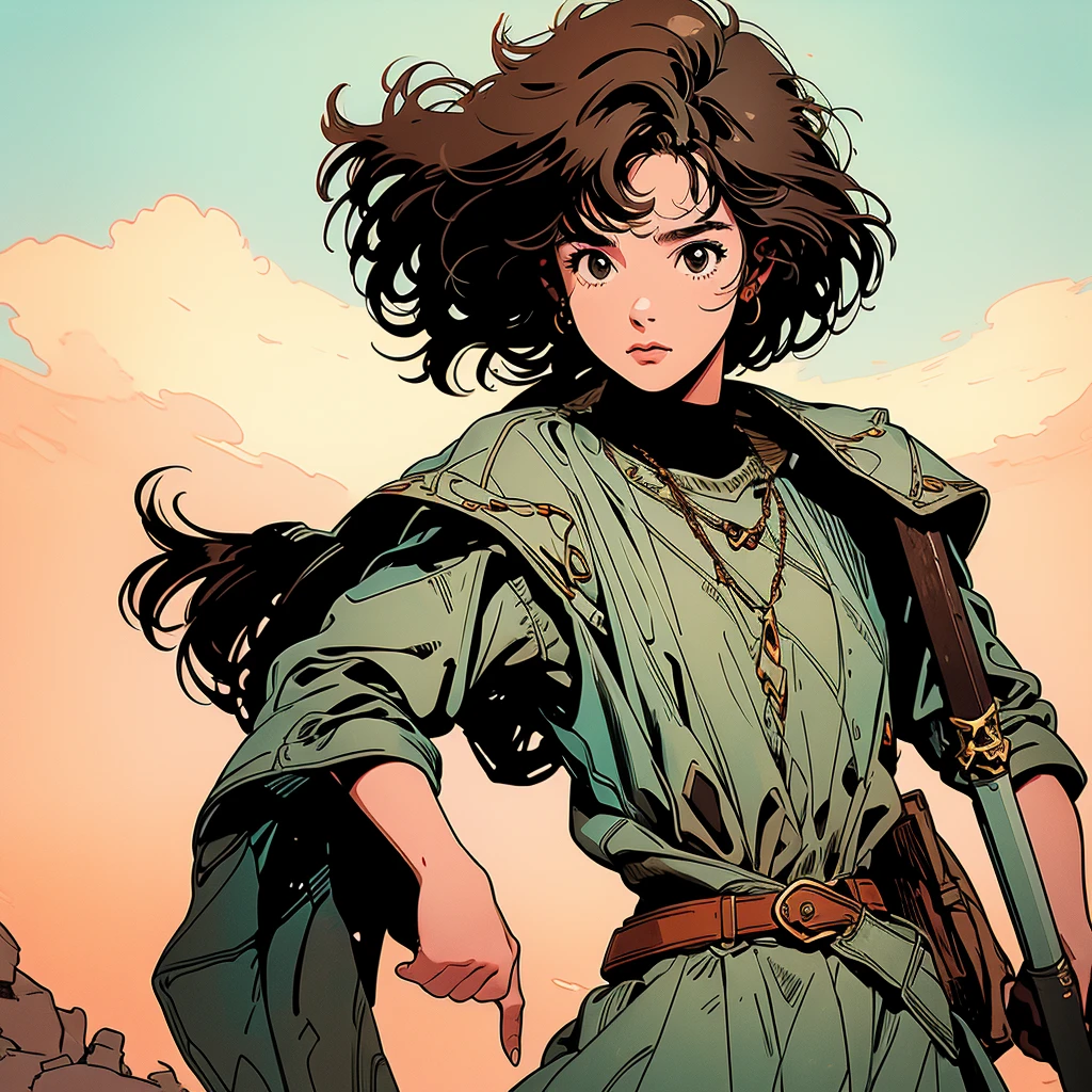 1 girl, solo, short curly brown hair, wearing armor and wielding a sword