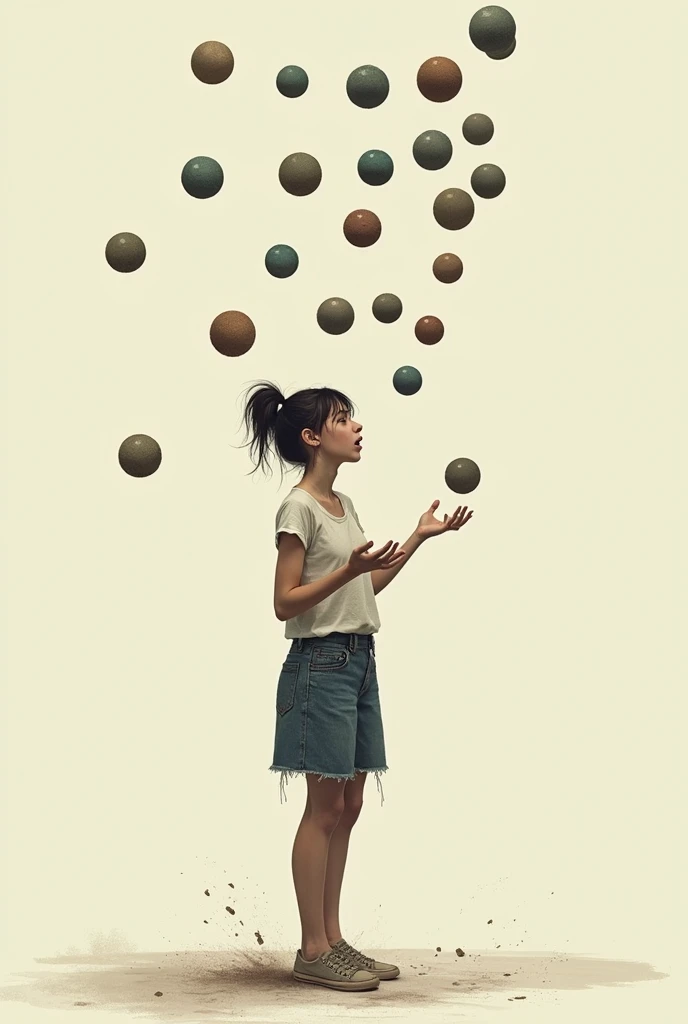 A conceptual illustration of a female teenager trying to juggle, but having problems due to the number of balls. His expression is one of anguish.
Side view, Whole body