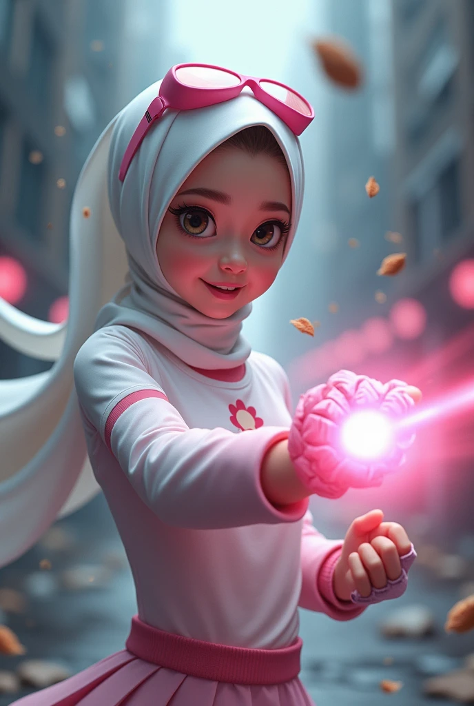 Malaysia girl a realistic masterpiece. Human . 1girl wearing a hijab, detailed beautiful face, Hijab Muslim. Wear long sleeve moder design white pink stripe white, minimalist flower on shirt. Enger face. Open mouth. Glowing power pink. . Wear pink white.small Safety Pink google spectacle top of the head rubber band. Age 15 year old. Flying punch robot. Fast fly. Panning effect Photography . Jump on and have a super strong power.. punch . Fight pose. Bokeh background. At the city. Bad waether. , detailed lips, long eyelashes. Hero, modest expression, delicate facial features, natural skin tones, , detailed folds and textures of hijab, natural lighting, high quality, photorealistic, 8k, best quality. Malaysia girl. Floating small stone and dry leave.