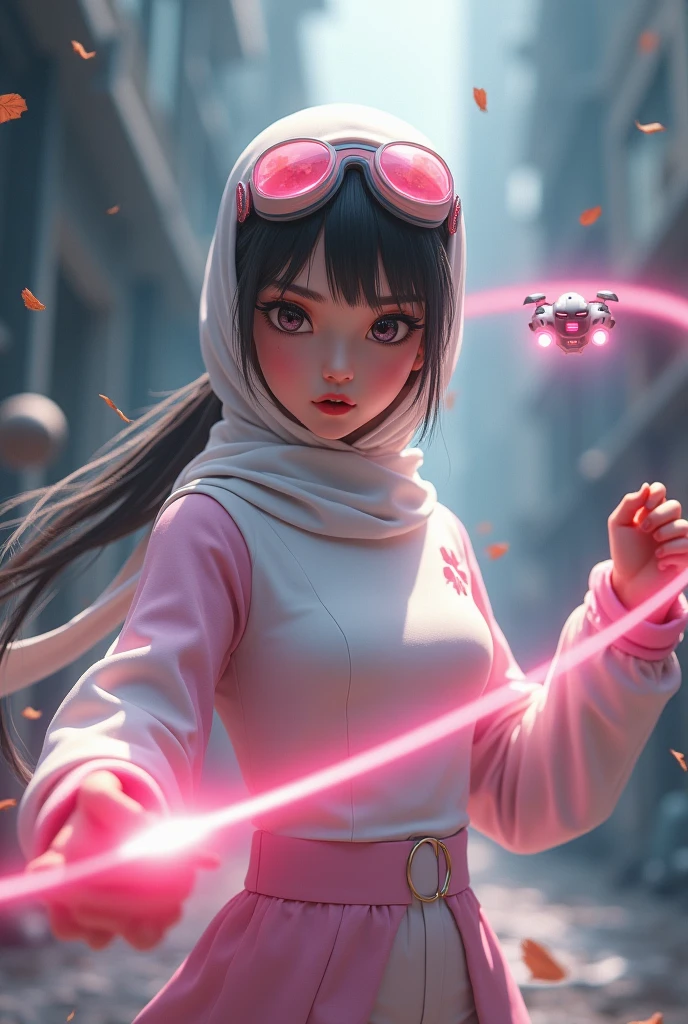 Malaysia girl a realistic masterpiece. Human . 1girl wearing a hijab, detailed beautiful face, Hijab Muslim. Wear long sleeve moder design white pink stripe white, minimalist flower on shirt. Enger face. Open mouth. Glowing power pink. . Wear pink white.small Safety Pink google spectacle top of the head rubber band. Age 15 year old. Flying punch robot. Fast fly. Panning effect Photography . Jump on and have a super strong power.. punch . Fight pose. Bokeh background. At the city. Bad waether. , detailed lips, long eyelashes. Hero, modest expression, delicate facial features, natural skin tones, , detailed folds and textures of hijab, natural lighting, high quality, photorealistic, 8k, best quality. Malaysia girl. Floating small stone and dry leave.