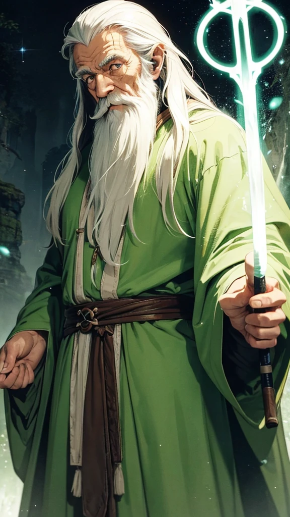 An elderly man with a long white beard, resembling Gandalf from 'The Lord of the Rings', dressed in a green robe. He represents the proponent of MBTI and holds a magical staff in one hand. His expression is wise and calm, exuding an aura of knowledge and authority. The green robe flows around him, and the overall atmosphere is mystical and enchanting.