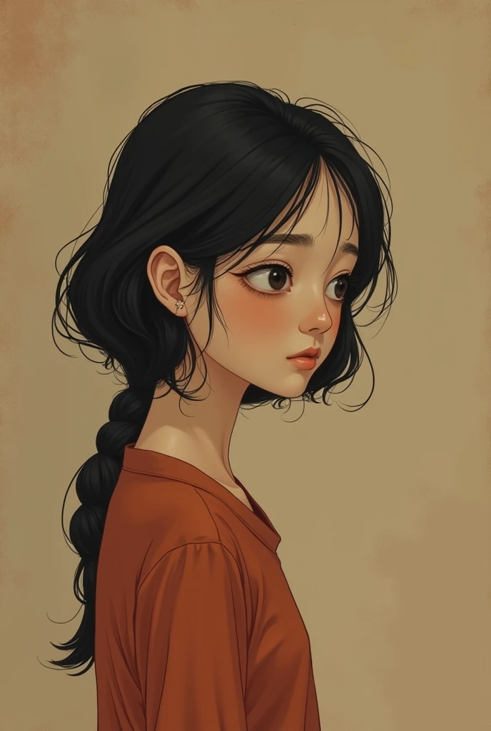 Can you create a brown book cover image with 
a sad cute Asian who looks the side