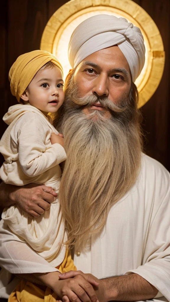 A wise Guru with a long white beard and turban sits in a halo of light, with a young child sitting in front of him, the Guru is holding his hand out, the child is looking up at him with respect. The background is a warm, golden glow, with soft, flowing lines of light. The image is full of warmth and serenity, and