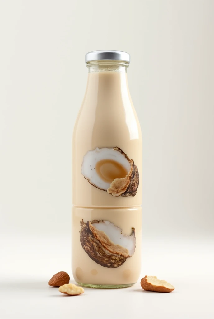 create a design for a nut milk product, Make a 3-layer form of the product., with pictures of oysters and nutritious nuts, The two sides have the product's uses.