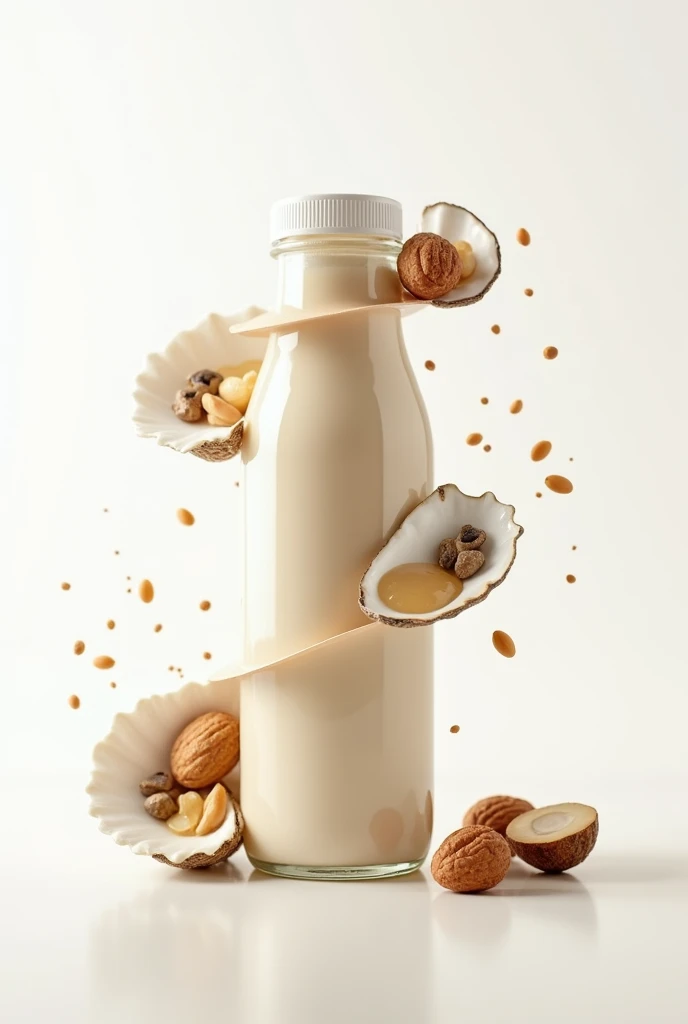 create a design for a nut milk product, Make a 3-layer form of the product., with pictures of oysters and nutritious nuts, The two sides have the product's uses.