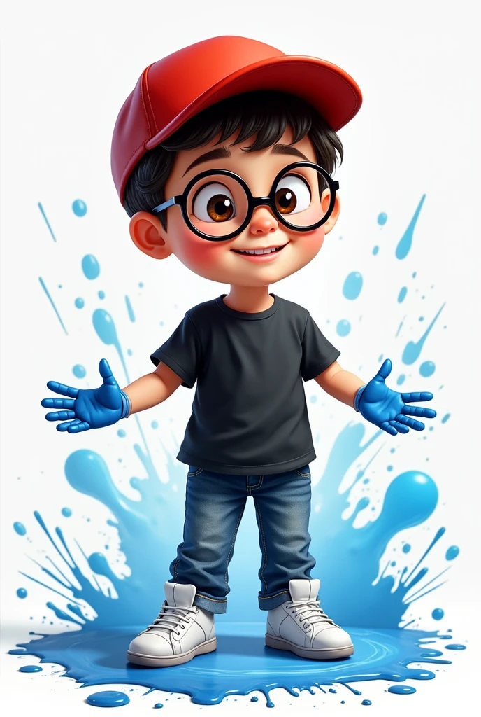 A boy and red color cap, black color shirt and blue color paint and white color shoes and black color glasses outfit.