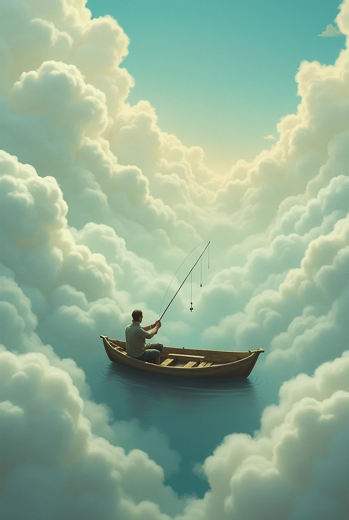 "Modern Surrealism: Fishing in the Sky": A fisherman in his boat floats among cottony clouds, casting his line into what appears to be a heavenly ocean. Inspired by the surrealist works of René Magritte, The image defies reality and creates a fishing scene that is both familiar and extraordinary..