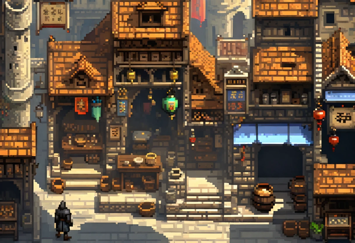 Pixel艺术, Pixel艺术场景：A prosperous medieval city, Details of the building, bustling with people，Blue Giant Lime Roof, Realistic textures, 关注每个Pixel的细节, Reminiscent of 16-bit RPG games, Shot with Nikon D3, Focal length 35mm HD 2D Pixel艺术 :: Pixel风格 :: Pixel