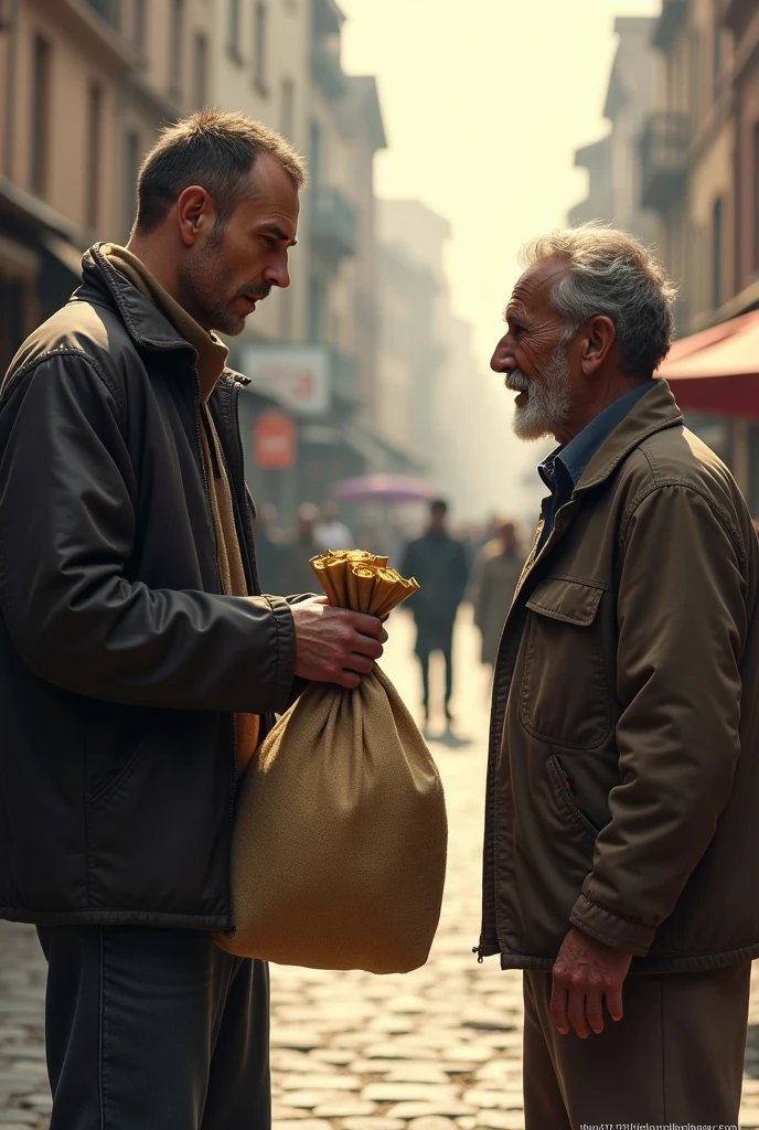 He walked up to the poor man and said: "Oto worek złota. Use it, to change your life – buy a house, nowe ubrania, whatever you want." it takes place in the present day, 2 men in the above mentioned age, 1 a little younger and the other a little older, the man on the left side is supposed to be in granite