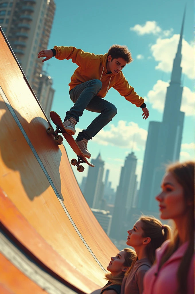 A frick boy riding a skateboard on a mega ramp and women's looking at him differently 