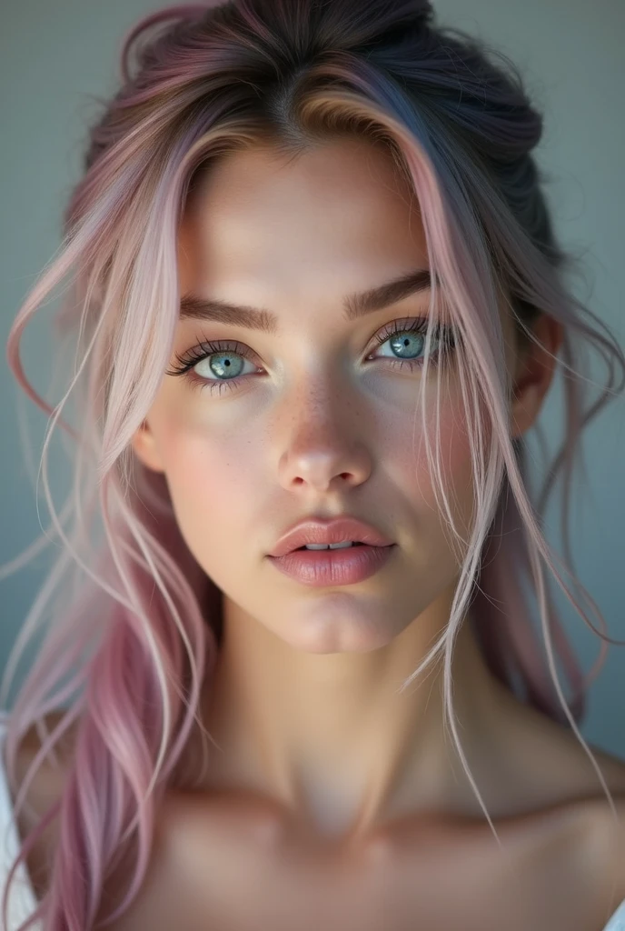Create a close-up portrait of a stunningly beautiful Scandinavian woman with fair, flawless skin, and deep blue eyes. She mid length, flowing pink and blue gradient hair in ponytail. Her facial features are delicate and symmetrical, with high cheekbones, a well-defined jawline, and full lips with a natural pink hue. The lighting should be soft and flattering, enhancing her natural beauty, and the background should be neutral to keep the focus on her face. She should have a seductive sexy expression.