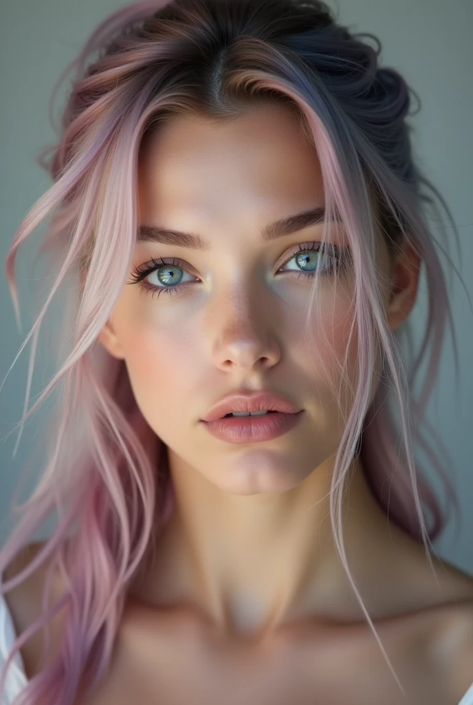 Create a close-up portrait of a stunningly beautiful Scandinavian woman with fair, flawless skin, and deep blue eyes. She mid length, flowing pink and blue gradient hair in ponytail. Her facial features are delicate and symmetrical, with high cheekbones, a well-defined jawline, and full lips with a natural pink hue. The lighting should be soft and flattering, enhancing her natural beauty, and the background should be neutral to keep the focus on her face. She should have a seductive sexy expression.