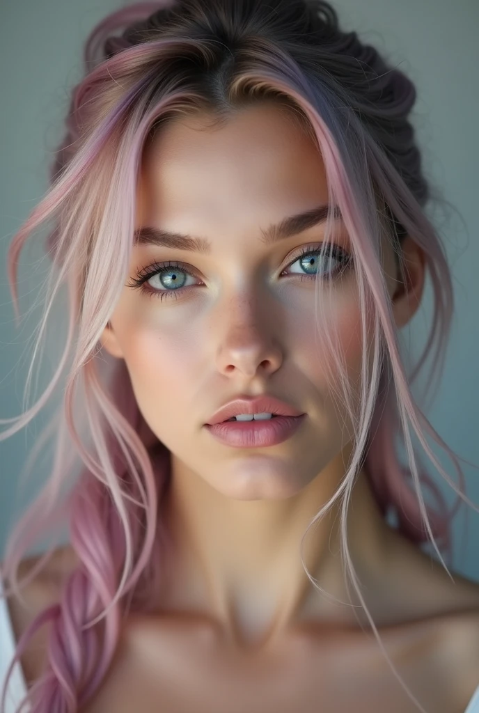 Create a close-up portrait of a stunningly beautiful Scandinavian woman with fair, flawless skin, and deep blue eyes. She mid length, flowing pink and blue gradient hair in ponytail. Her facial features are delicate and symmetrical, with high cheekbones, a well-defined jawline, and full lips with a natural pink hue. The lighting should be soft and flattering, enhancing her natural beauty, and the background should be neutral to keep the focus on her face. She should have a seductive sexy expression. 