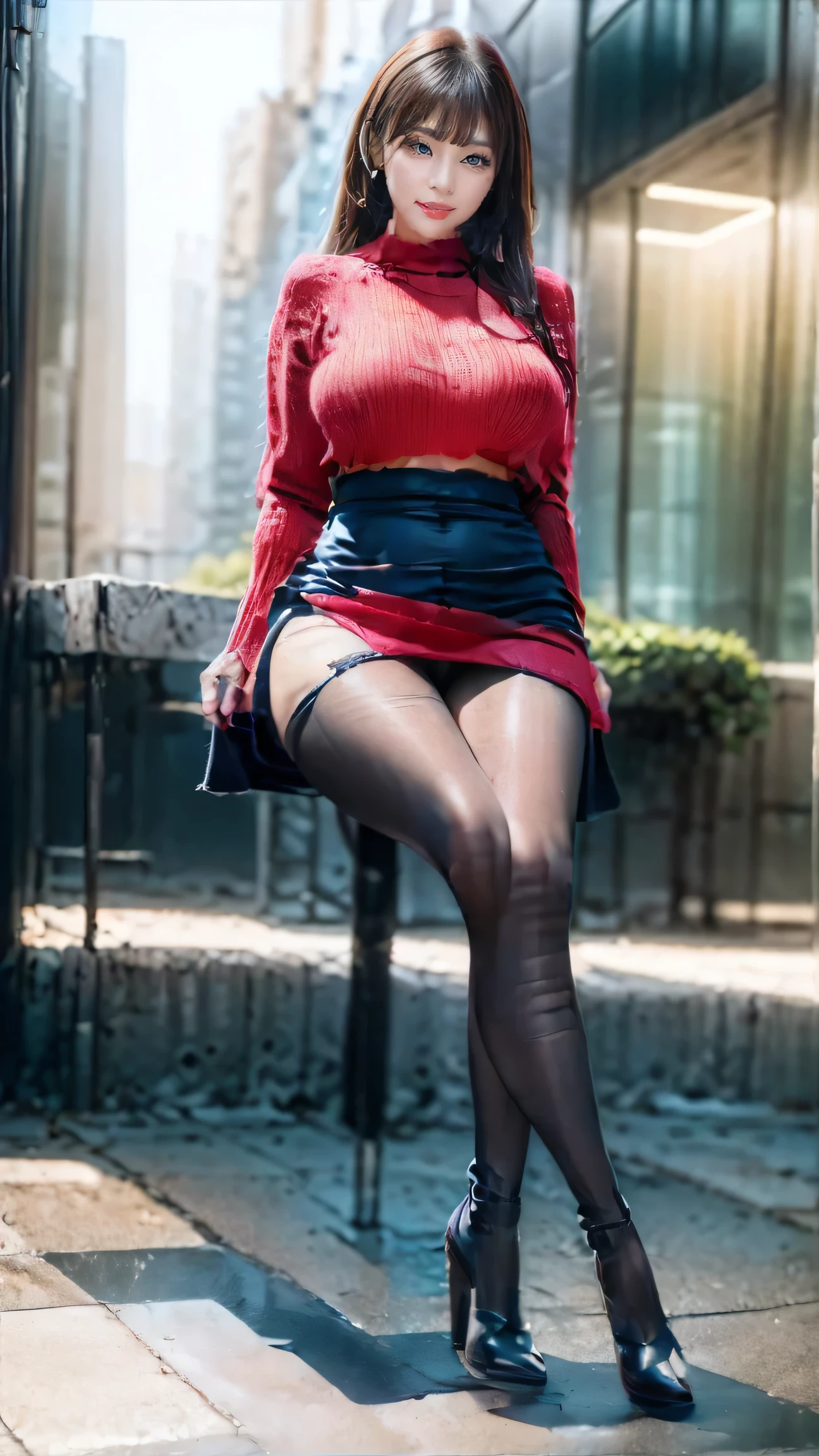 ((1 person, Japanese, Reina Morimoto, Morimoto_Queen, (Brown eyes, got it, 高got it), lipstick, Jade Earrings, muscular, healthy)), Sexy Gestures, fair, well-proportioned body, healthy)), ((Lonely, (1 female, pink lipstick), Very detailed, ambient soft Light, 4K, Perfect Eyes, Perfect Face, perfect Light, a 1 person)), strict, ((On Pavement, (Off-shoulder sweater, Women's hollow sweater, sweater, black knitted sweater), mini skirt, (Torn mini skirt, Panties that are a little visible), High heelsブーツ, (High heels, 细High heels), Ripped high heels boots, thigh-High Boots, Thighs and beige skirt, High Boots, Sexy look, Wearing a beige dress, Sexy clothes, In the city, Monuments, Contemporary sculpture, Beautiful polka dance, Nice view, There are neon Lights, (Transmitted pantyhose), Above-the-knee boots, night, Light)),behind,Recall,Back to photos,Return to the audience,Bend your body and lift your hips,Lean towards the audience