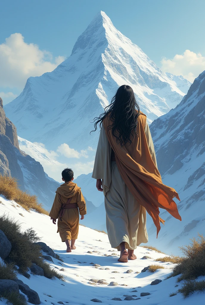 Indian sanyasi maharaj with child going spiritual path in the Himalayas backword face
Long hair