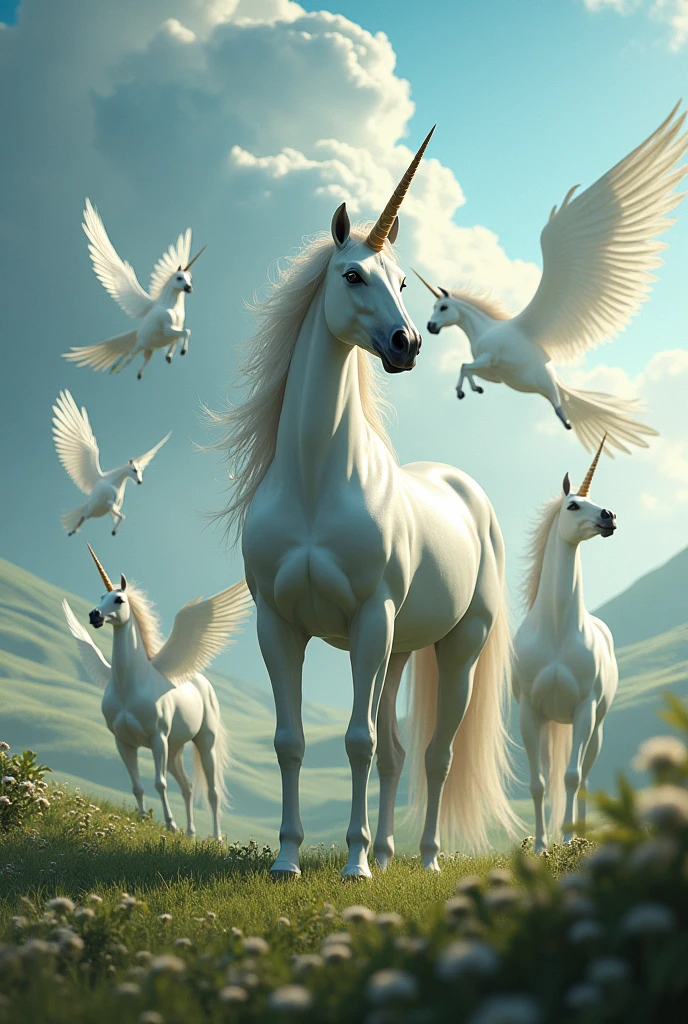 A muscly unicorn among females pegasus