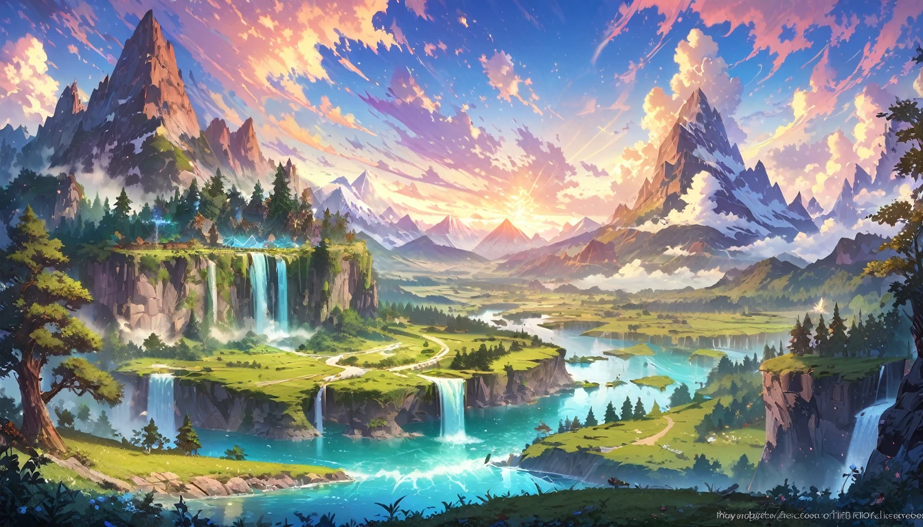 Mountain with a waterfall and some trees in the foreground々, Impressive and fantastic scenery, an Magnificent scenery, Fantasy painting,Lovely, Fantasy art landscape, most Magnificent scenery, 4k HD matte digital, Epic fantasy landscapes, 4K High Definition Digital Art, Epic dreamlike fantasy landscape, Magnificent scenery, 4K Matte Paint, Ross Chen. Landscape background