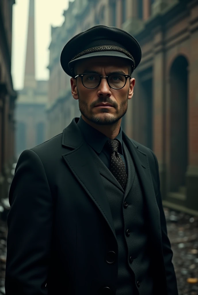 Create an AI-generated image of Thomas Shelby from "Peaky Blinders." He should be portrayed with his signature look wearing black specs and beard: a tailored dark woolen three-piece suit, a flat cap tilted to one side, and a serious, intense expression. His hair should be neatly styled in a slick undercut, and he should be standing against a moody, industrial backdrop reminiscent of 1920s Birmingham.