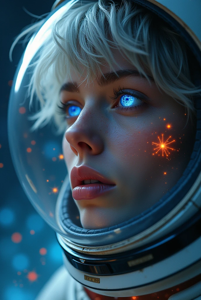 (Close-up of a better masterpiece:1.5)0.9], (Space and astronauts:1.2) (Messy silver hair:1.1) (Heterochromia xanthochromia and blue eyes:1.2) (Space Helmet:1.0) (Colored stars in the eyes:1.0) (A radiant glow:1.1) (thick lips:0.9)
