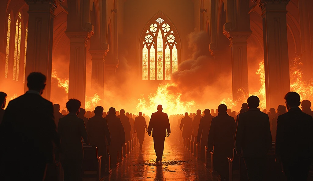People burning in church. Church in flames