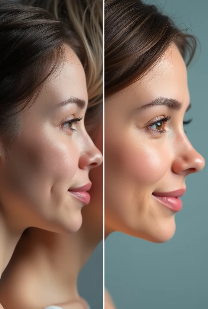 Before and after picture of a case of Short Face Syndrome (Ober und Lower jawrücklage). The after picture should show a completed treatment by Herbstschieren (Lower jaw) and TAD implants or. Vertical movement of the upper teeth, to make them more visible.